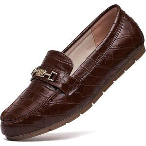 Women Chocolate Polyurethane Accent Buckle Leisure Slip On Walking Flats Shoes